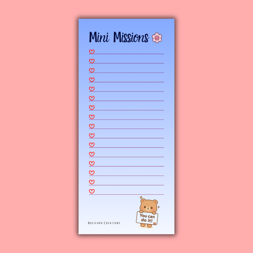 Notepad with 'Mini Missions' text and heart symbols on a pink background