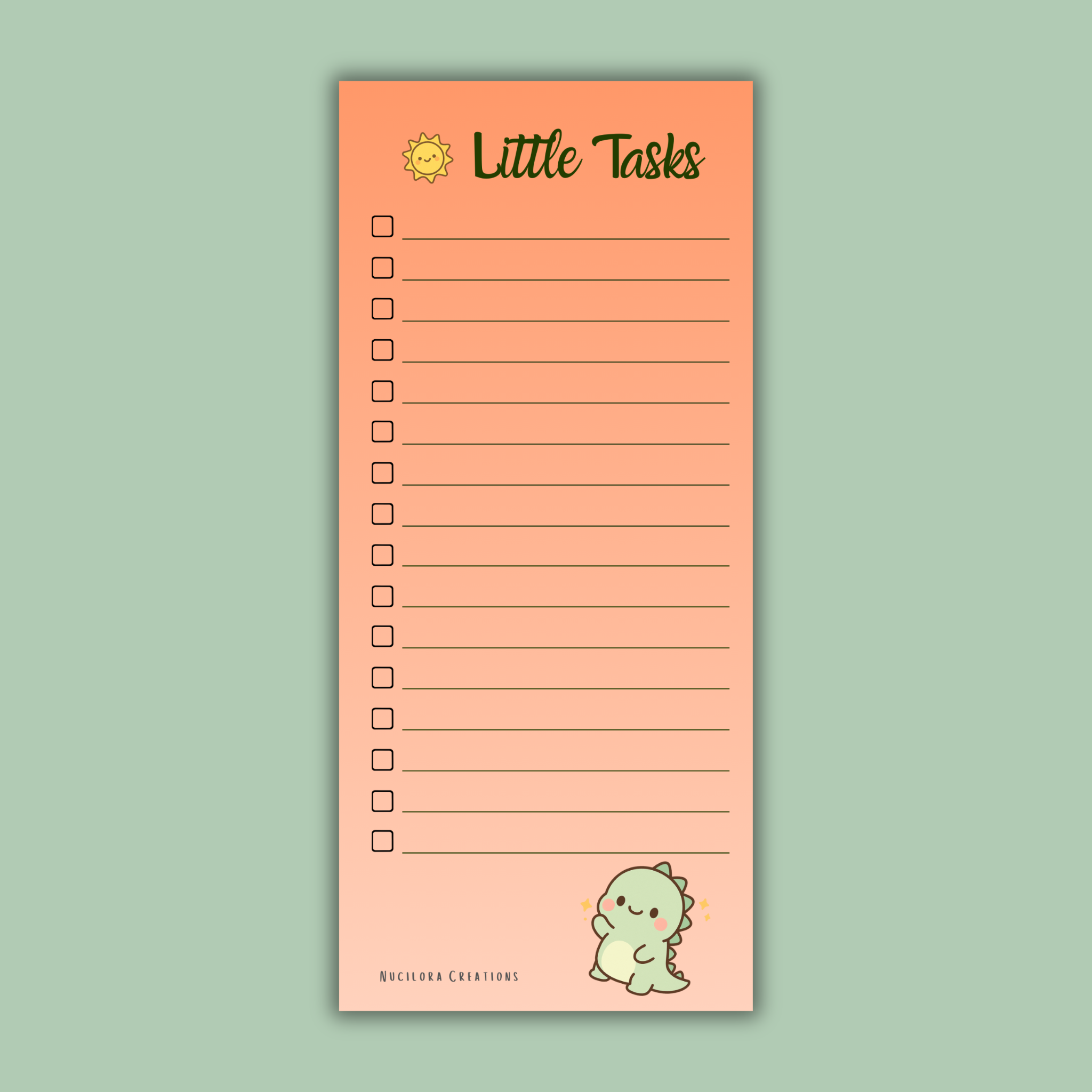 Notepad with 'Little Tasks' text and a cute dinosaur illustration on a green background