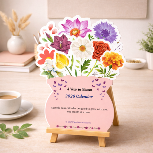 Floral-themed 2026 calendar on a wooden easel stand with a cup of coffee and books in the background.
