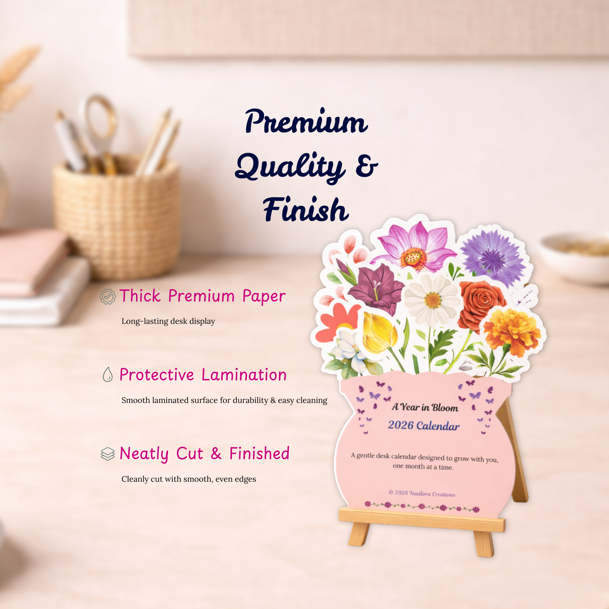 Floral desk display with text on premium quality and finish specifications