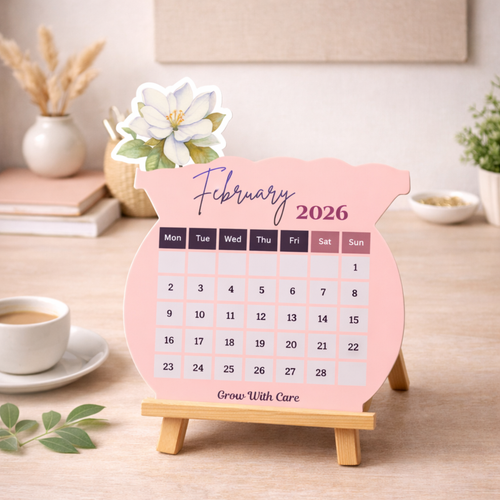 Pink desk calendar for February 2026 on a wooden stand with a cup of coffee and plants in the background.