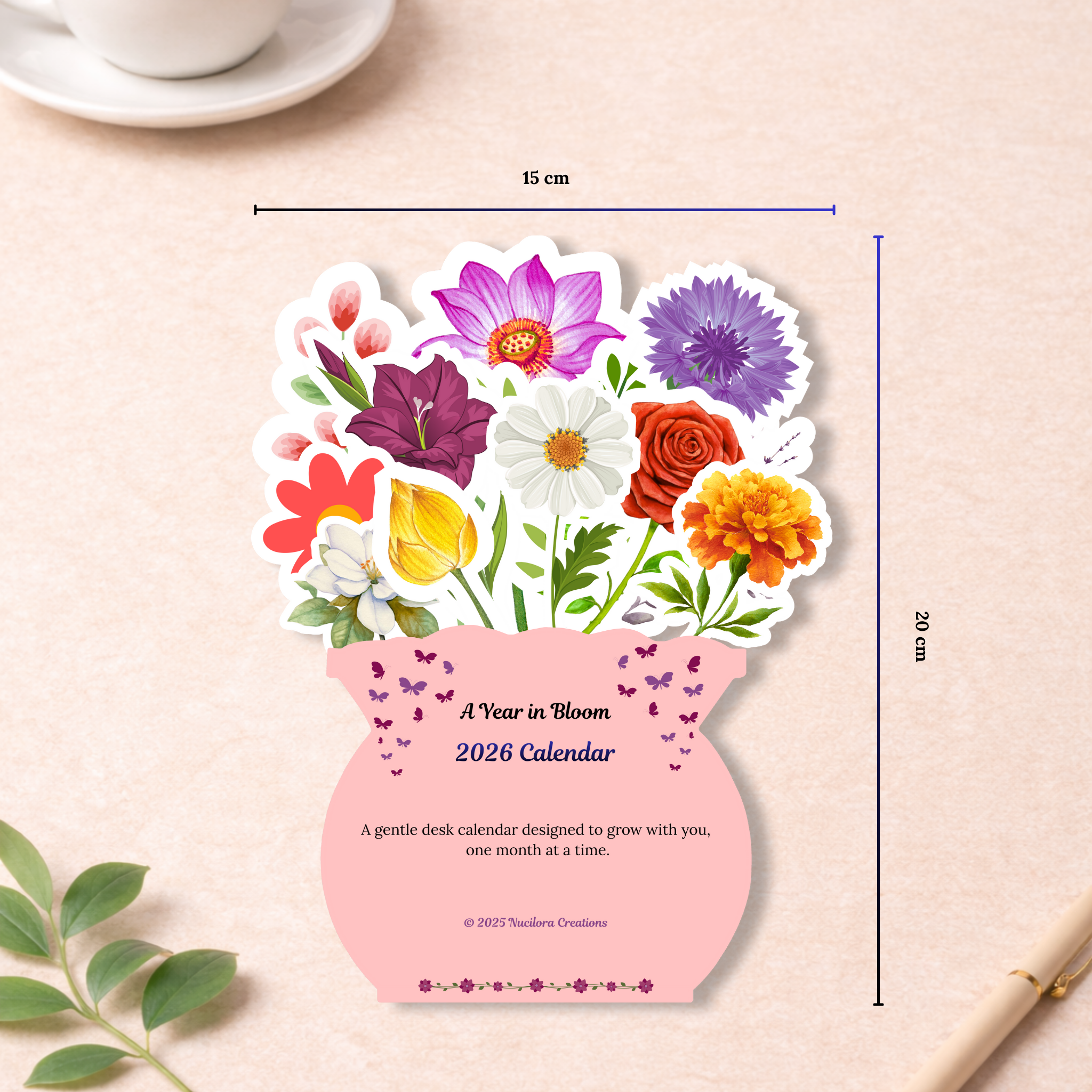 2026 calendar with floral design and measurements on a beige background