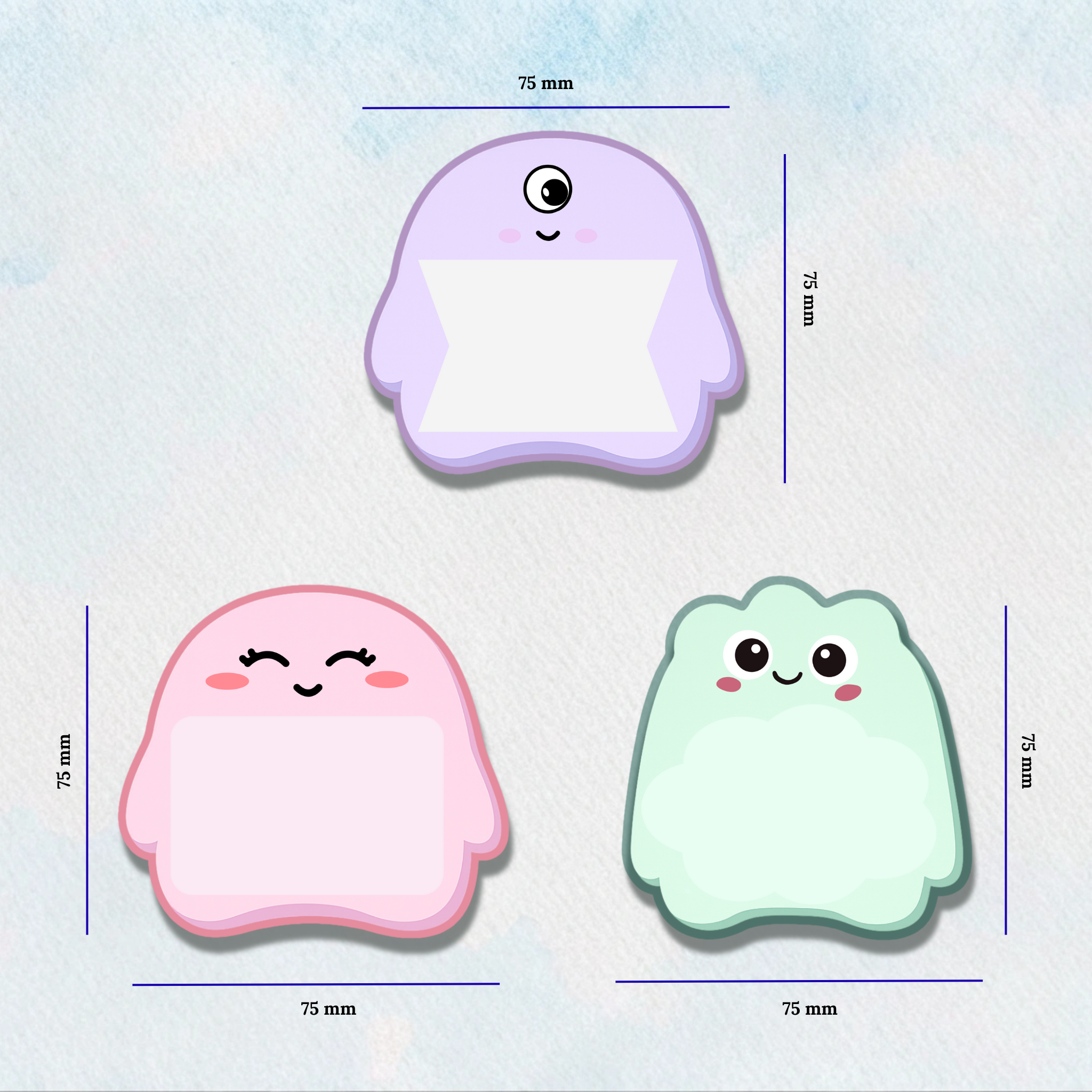 Three cute ghost-shaped stickers with measurements on a light blue background