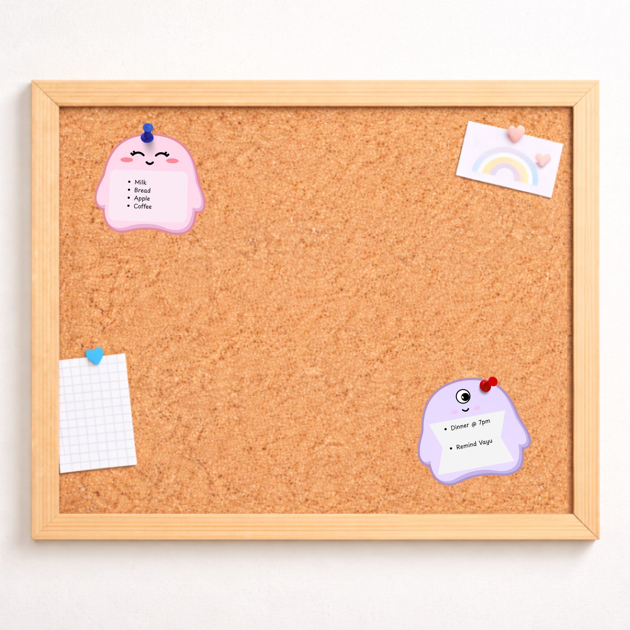 Cork bulletin board with decorative pins and notes on a white background